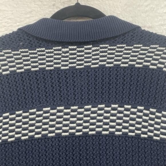 American Eagle Polo Shirt Mens XS Navy Blue Cotton Crochet Striped Checkered New - Picture 5 of 10